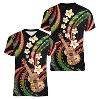 Hawaiian Ukulele Women V-Neck T-Shirt Jawaiian Fantastic Plumeria