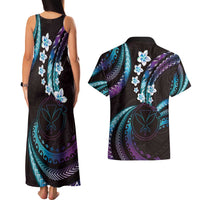 Hawaii Map Kanaka Maoli Couples Matching Tank Maxi Dress and Hawaiian Shirt Fantastic Frangipani Amethyst Gradient