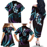Hawaii Map Kanaka Maoli Family Matching Off The Shoulder Long Sleeve Dress and Hawaiian Shirt Fantastic Frangipani Amethyst Gradient