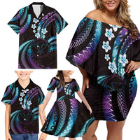 Hawaii Map Kanaka Maoli Family Matching Off Shoulder Short Dress and Hawaiian Shirt Fantastic Frangipani Amethyst Gradient