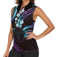 Hawaii Map Kanaka Maoli Women Sleeveless Polo Shirt Fantastic Frangipani Amethyst Gradient