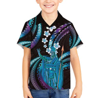 Hawaii King Kamehameha Family Matching Off The Shoulder Long Sleeve Dress and Hawaiian Shirt Fantastic Plumeria Amethyst Gradient