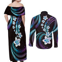 Hawaii Plumeria Couples Matching Off Shoulder Maxi Dress and Long Sleeve Button Shirt Amethyst Gradient Polynesian Pattern LT01 - Polynesian Pride