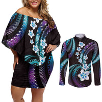 Hawaii Plumeria Couples Matching Off Shoulder Short Dress and Long Sleeve Button Shirt Amethyst Gradient Polynesian Pattern LT01 Purple - Polynesian Pride
