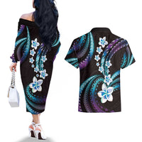 Hawaii Plumeria Couples Matching Off The Shoulder Long Sleeve Dress and Hawaiian Shirt Amethyst Gradient Polynesian Pattern LT01 - Polynesian Pride