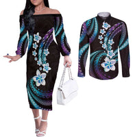 Hawaii Plumeria Couples Matching Off The Shoulder Long Sleeve Dress and Long Sleeve Button Shirt Amethyst Gradient Polynesian Pattern LT01 Purple - Polynesian Pride