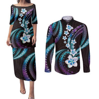 Hawaii Plumeria Couples Matching Puletasi and Long Sleeve Button Shirt Amethyst Gradient Polynesian Pattern LT01 Purple - Polynesian Pride