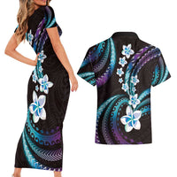 Hawaii Plumeria Couples Matching Short Sleeve Bodycon Dress and Hawaiian Shirt Amethyst Gradient Polynesian Pattern LT01 - Polynesian Pride