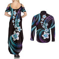 Hawaii Plumeria Couples Matching Summer Maxi Dress and Long Sleeve Button Shirt Amethyst Gradient Polynesian Pattern LT01 - Polynesian Pride