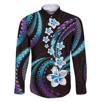 Hawaii Plumeria Family Matching Long Sleeve Bodycon Dress and Hawaiian Shirt Amethyst Gradient Polynesian Pattern