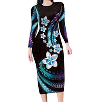 Hawaii Plumeria Long Sleeve Bodycon Dress Amethyst Gradient Polynesian Pattern