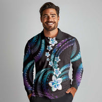 Hawaii Plumeria Long Sleeve Polo Shirt Amethyst Gradient Polynesian Pattern