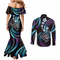 Hawaii Shaka Sign Couples Matching Mermaid Dress and Long Sleeve Button Shirt Fantastic Frangipani Amethyst Gradient LT01 - Polynesian Pride