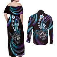 Hawaii Shaka Sign Couples Matching Off Shoulder Maxi Dress and Long Sleeve Button Shirt Fantastic Frangipani Amethyst Gradient LT01 - Polynesian Pride