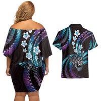 Hawaii Shaka Sign Couples Matching Off Shoulder Short Dress and Hawaiian Shirt Fantastic Frangipani Amethyst Gradient LT01 - Polynesian Pride