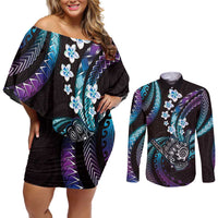 Hawaii Shaka Sign Couples Matching Off Shoulder Short Dress and Long Sleeve Button Shirt Fantastic Frangipani Amethyst Gradient LT01 Purple - Polynesian Pride
