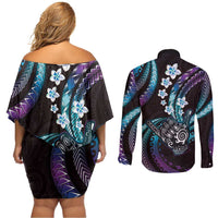 Hawaii Shaka Sign Couples Matching Off Shoulder Short Dress and Long Sleeve Button Shirt Fantastic Frangipani Amethyst Gradient LT01 - Polynesian Pride
