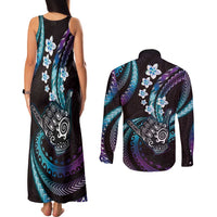 Hawaii Shaka Sign Couples Matching Tank Maxi Dress and Long Sleeve Button Shirt Fantastic Frangipani Amethyst Gradient LT01 - Polynesian Pride