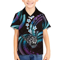 Hawaii Shaka Sign Family Matching Long Sleeve Bodycon Dress and Hawaiian Shirt Fantastic Frangipani Amethyst Gradient