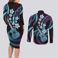 Hawaiian Ukulele Couples Matching Long Sleeve Bodycon Dress and Long Sleeve Button Shirt Amethyst Gradient Fantastic Plumeria