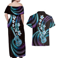 Hawaiian Ukulele Couples Matching Off Shoulder Maxi Dress and Hawaiian Shirt Amethyst Gradient Fantastic Plumeria