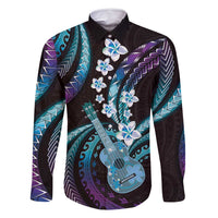 Hawaiian Ukulele Family Matching Long Sleeve Bodycon Dress and Hawaiian Shirt Amethyst Gradient Fantastic Plumeria