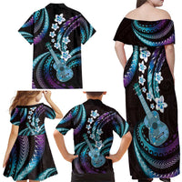 Hawaiian Ukulele Family Matching Off Shoulder Maxi Dress and Hawaiian Shirt Amethyst Gradient Fantastic Plumeria