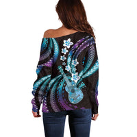 Hawaiian Ukulele Off Shoulder Sweater Amethyst Gradient Fantastic Plumeria