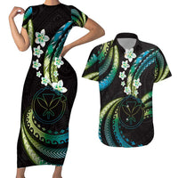 Hawaii Map Kanaka Maoli Couples Matching Short Sleeve Bodycon Dress and Hawaiian Shirt Fantastic Frangipani Chartreuse Cyan
