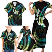 Hawaii Map Kanaka Maoli Family Matching Short Sleeve Bodycon Dress and Hawaiian Shirt Fantastic Frangipani Chartreuse Cyan