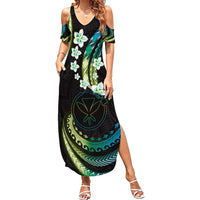 Hawaii Map Kanaka Maoli Family Matching Summer Maxi Dress and Hawaiian Shirt Fantastic Frangipani Chartreuse Cyan