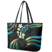 Hawaii Map Kanaka Maoli Leather Tote Bag Fantastic Frangipani Chartreuse Cyan