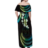 Hawaii Map Kanaka Maoli Off Shoulder Maxi Dress Fantastic Frangipani Chartreuse Cyan