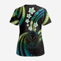 Hawaii Map Kanaka Maoli Scrub Top Fantastic Frangipani Chartreuse Cyan - Polynesian Pride