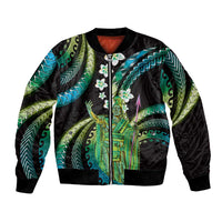 Hawaii King Kamehameha Bomber Jacket Fantastic Plumeria Chartreuse Cyan