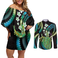 Hawaii King Kamehameha Couples Matching Off Shoulder Short Dress and Long Sleeve Button Shirt Fantastic Plumeria Chartreuse Cyan