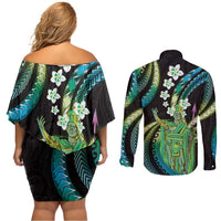 Hawaii King Kamehameha Couples Matching Off Shoulder Short Dress and Long Sleeve Button Shirt Fantastic Plumeria Chartreuse Cyan