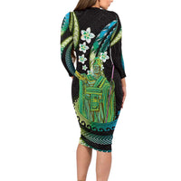 Hawaii King Kamehameha Family Matching Long Sleeve Bodycon Dress and Hawaiian Shirt Fantastic Plumeria Chartreuse Cyan