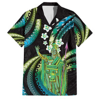 Hawaii King Kamehameha Family Matching Off Shoulder Maxi Dress and Hawaiian Shirt Fantastic Plumeria Chartreuse Cyan