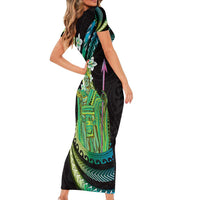 Hawaii King Kamehameha Family Matching Short Sleeve Bodycon Dress and Hawaiian Shirt Fantastic Plumeria Chartreuse Cyan