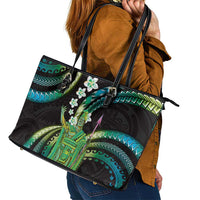 Hawaii King Kamehameha Leather Tote Bag Fantastic Plumeria Chartreuse Cyan