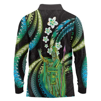 Hawaii King Kamehameha Long Sleeve Polo Shirt Fantastic Plumeria Chartreuse Cyan