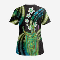 Hawaii King Kamehameha Scrub Top Fantastic Plumeria Chartreuse Cyan - Polynesian Pride