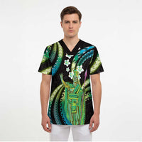 Hawaii King Kamehameha Scrub Top Fantastic Plumeria Chartreuse Cyan - Polynesian Pride