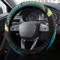 Hawaii King Kamehameha Steering Wheel Cover Fantastic Plumeria Chartreuse Cyan