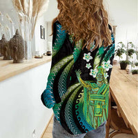 Hawaii King Kamehameha Women Casual Shirt Fantastic Plumeria Chartreuse Cyan