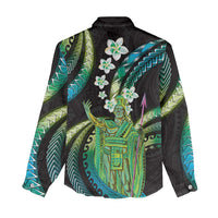 Hawaii King Kamehameha Women Casual Shirt Fantastic Plumeria Chartreuse Cyan