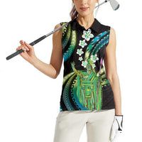 Hawaii King Kamehameha Women Sleeveless Polo Shirt Fantastic Plumeria Chartreuse Cyan