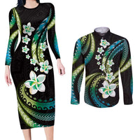 Hawaii Plumeria Couples Matching Long Sleeve Bodycon Dress and Long Sleeve Button Shirt Chartreuse Cyan Polynesian Pattern LT01 Cyan - Polynesian Pride