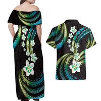 Hawaii Plumeria Couples Matching Off Shoulder Maxi Dress and Hawaiian Shirt Chartreuse Cyan Polynesian Pattern LT01 - Polynesian Pride